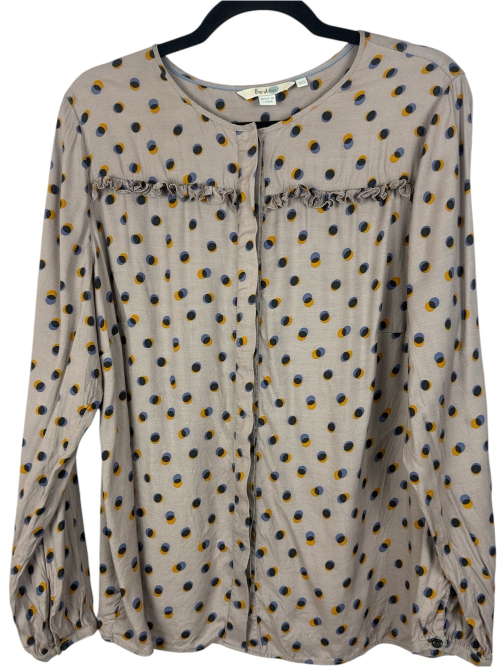 Boden Silk Blend Taupe/Gray Button-Front Blouse with Abstract Navy Mustard Dots